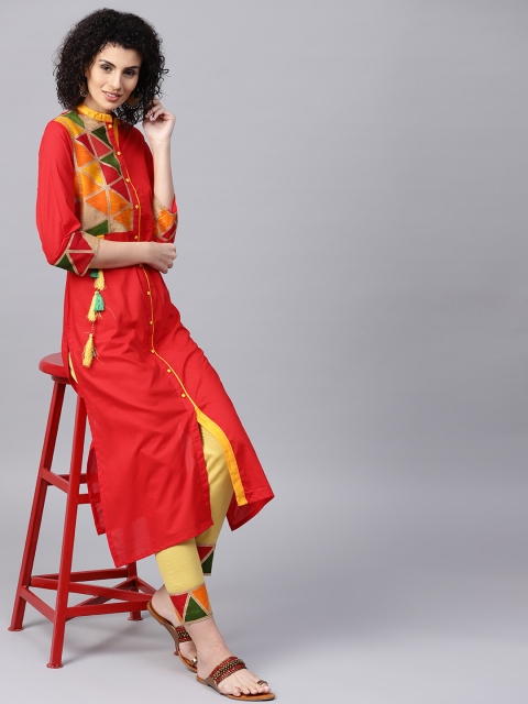 

Tulsattva Women Red & Mustard Yellow Yoke Design Kurta with Trousers