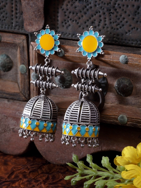 

Infuzze Oxidised Silver-Toned & Blue Enamelled Dome Shaped Jhumkas