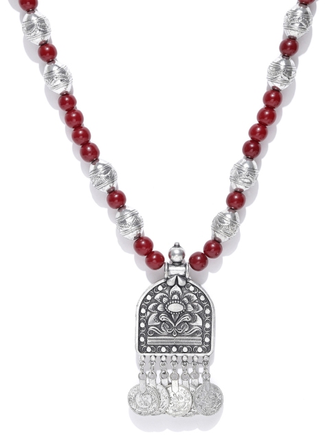 

Infuzze Oxidised Silver-Toned & Maroon Beaded Tribal Necklace