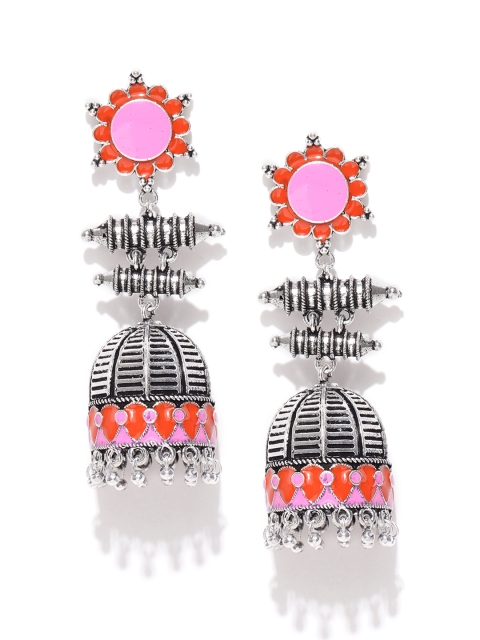 

Infuzze Oxidised Silver-Toned & Pink Enamelled Dome Shaped Jhumkas