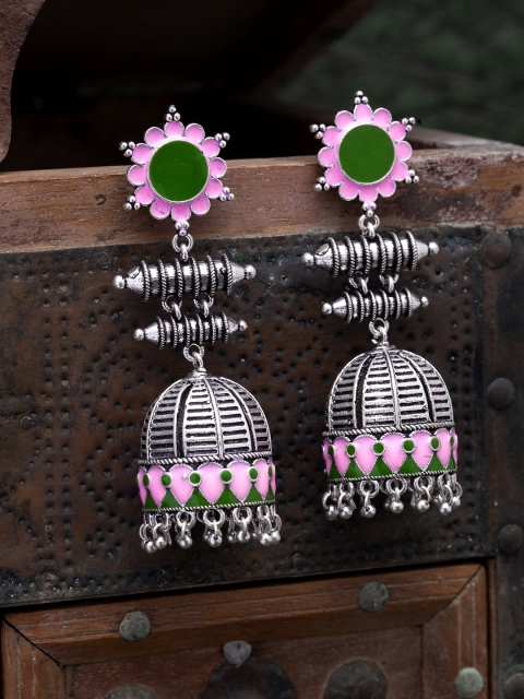 

Infuzze Oxidised Silver-Toned & Pink Enamelled Dome Shaped Jhumkas