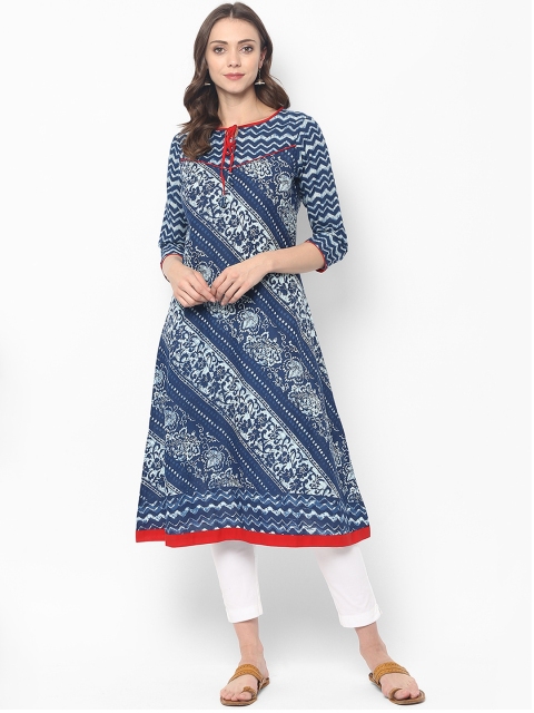 

Mytri Women Blue & White Printed A-Line Kurta