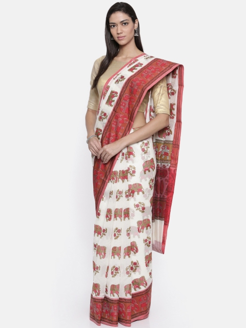

Pavechas Off-White & Red Silk Cotton Printed Banarasi Saree