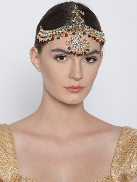 

damani Red & Green Gold-Plated Pearl & Kundan-Studded Matha Patti