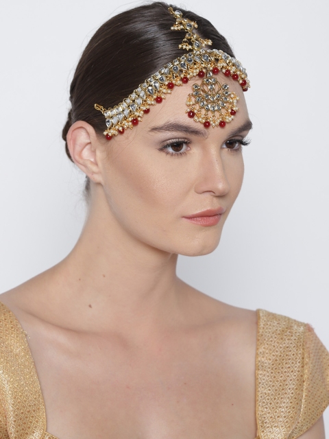 

damani Off-White & Red Gold-Plated Kundan-Studded Matha Patti
