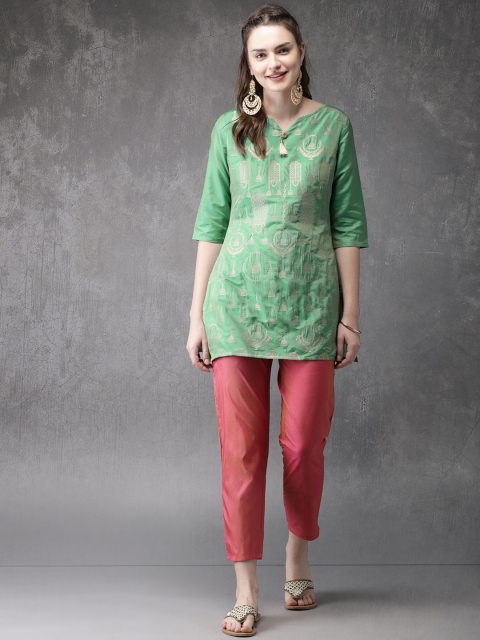 

Anouk Women Green & Pink Woven Design Kurti with Trousers