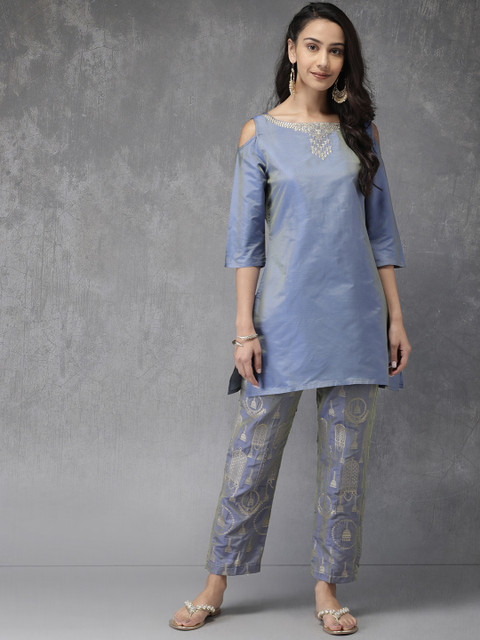 

Anouk Women Lavender & Gold-Toned Embroidered Kurti with Trousers