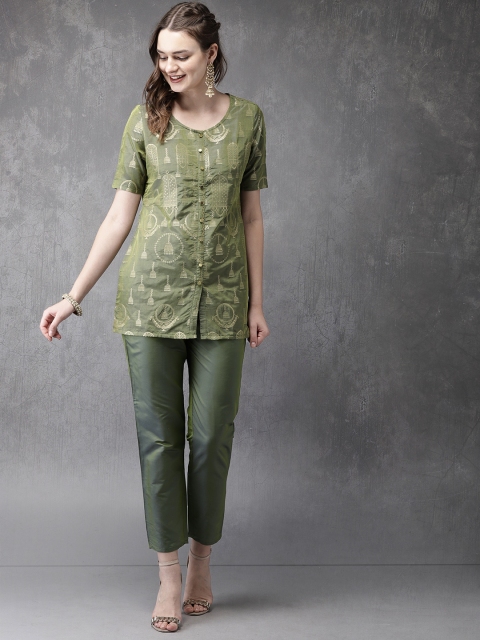 

Anouk Women Olive Green Embroidered Kurti with Pyjamas