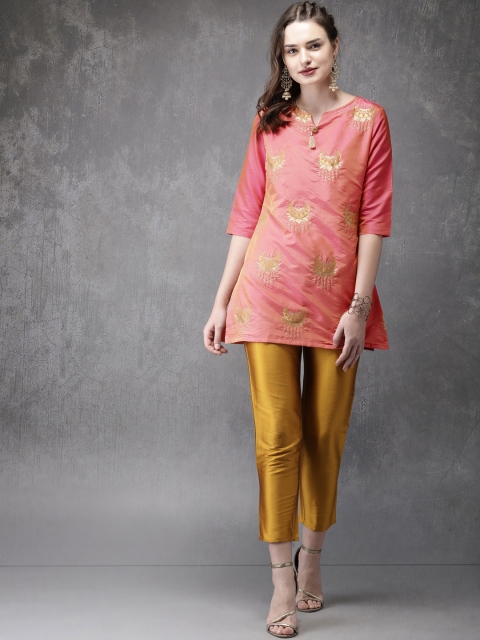 

Anouk Women Pink & Mustard Yellow Self Design Kurti with Trousers