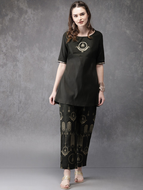 

Anouk Women Black & Gold-Toned Embroidered Kurti with Trousers