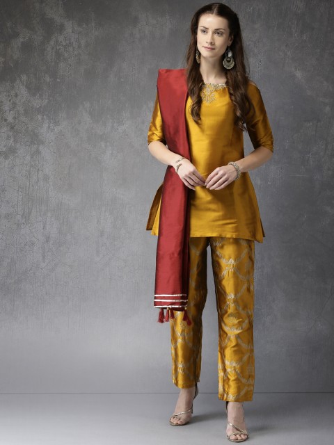 

Anouk Women Mustard & Maroon Embroidered Kurti with Trousers & Dupatta