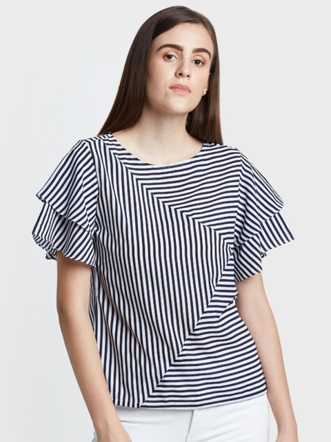 

AND Women White & Navy Striped Top