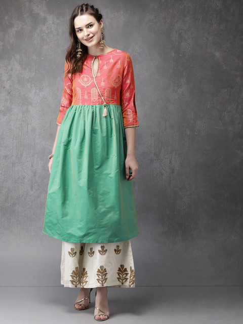 

Anouk Women Pink & Green Woven Design A-Line Kurta