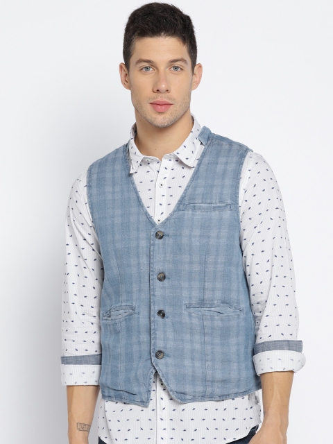 

Lee Cooper Men Blue Self-Checked Denim Pure Cotton Waistcoat