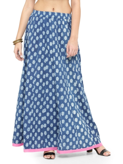 

Geroo Cotton Women Blue & White Printed Flared Maxi Skirt
