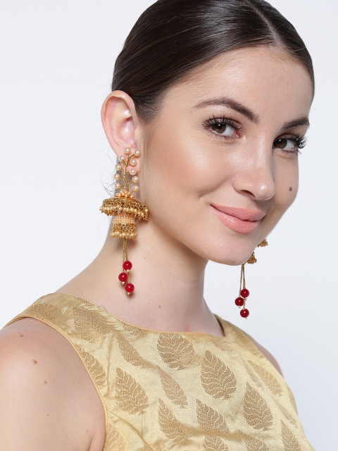

Priyaasi Off-White & Red Gold-Plated Dome Shaped Jhumkas