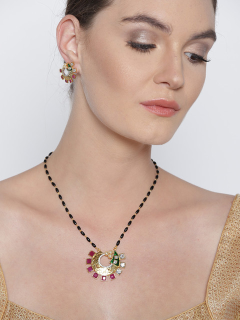 

Priyaasi Black & Pink Gold-Plated Stone-Studded Beaded Mangalsutra with Earrings