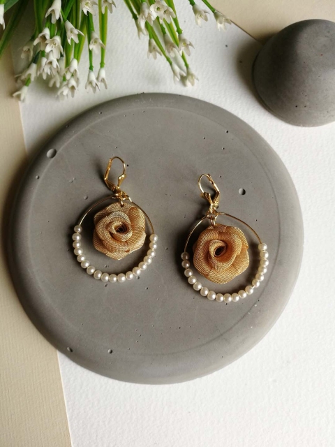 

Priyaasi Off-White Gold-Plated Beaded Handcrafted Floral Drop Earrings