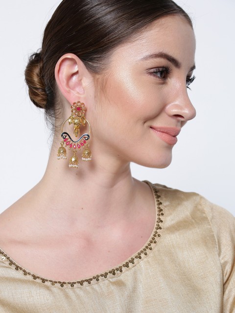 

Priyaasi Pink & Navy Gold-Plated Handcrafted Elephant-Shaped Drop Earrings
