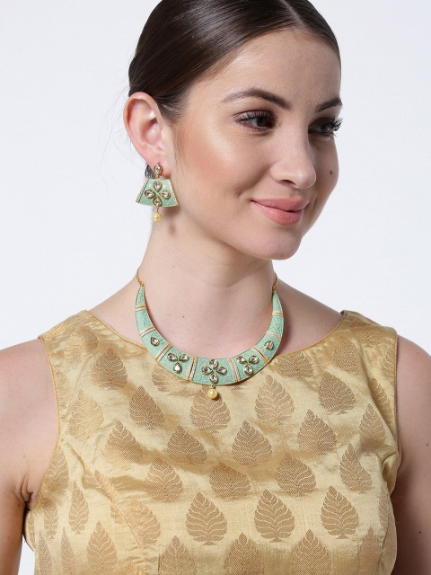 

Priyaasi Gold-Toned & Mint Green Kundan-Studded Meenakari Work Jewellery Set