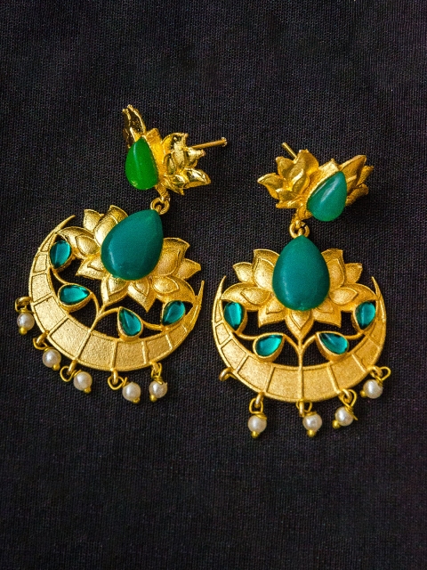 

Priyaasi Green Gold-Plated Handcrafted Lotus-Shaped Drop Earrings