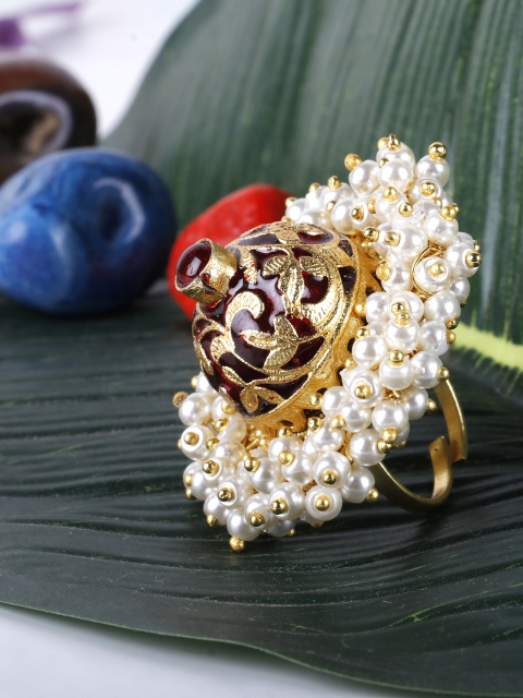 

Priyaasi Gold-Toned & Red Beaded Textured Meenakari-work Adjustable Ring