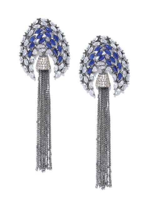 

Priyaasi Gunmetal-Toned & Navy Blue Silver-Plated Tasselled CZ Stone-Studded Drop Earrings, Steel