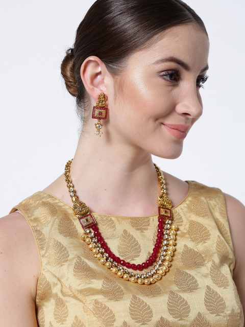 

Priyaasi Pink & Off-White Gold-Plated Goddess Lakshmi Textured Kundan Jewellery Set