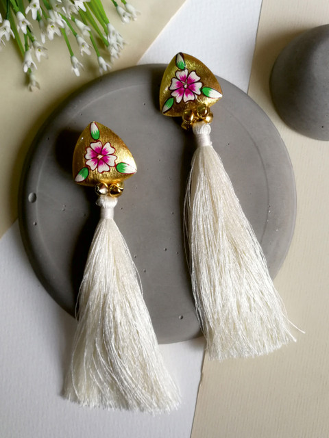 

Priyaasi Off-White Gold-Plated Hand-Painted Tasselled Triangular Drop Earrings