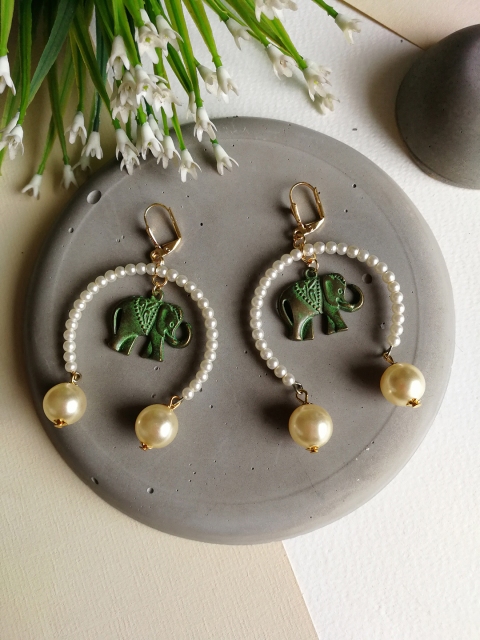 

Priyaasi Off-White & Green Gold-Plated Handcrafted Elephant-Shaped Drop Earrings