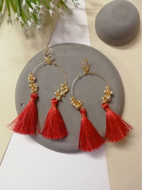 

Priyaasi Peach-Coloured Gold-Plated Tasseled Contemporary Drop Earrings