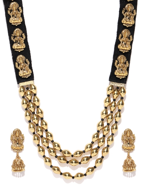 

Priyaasi Gold-Toned & Black Goddess Lakshmi Textured Layered Jewellery Set
