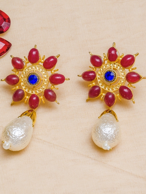 

Priyaasi Maroon Gold-Plated Handcrafted Floral Drop Earrings