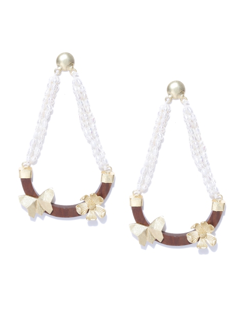 

Priyaasi Off-White & Brown Gold-Plated Handcrafted Teardrop-Shaped Drop Earrings