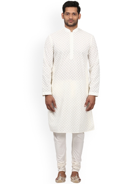 

ethnix Men Off-White Self Design Kurta with Churidar