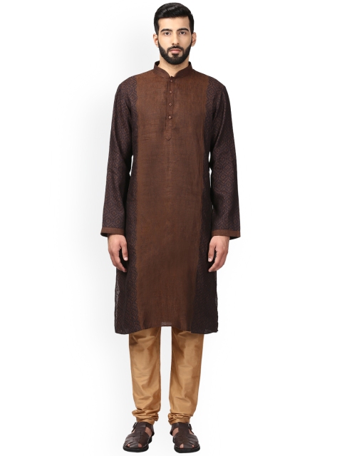 

ethnix Men Brown & Beige Self Design Kurta with Churidar