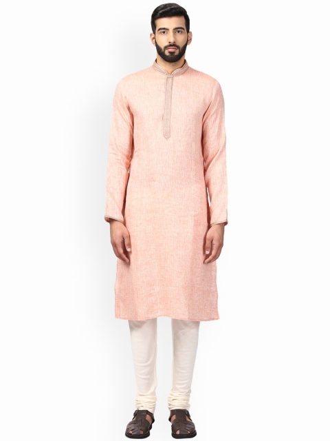 

ethnix Men Beige & Off-White Self Design Linen Kurta with Churidar