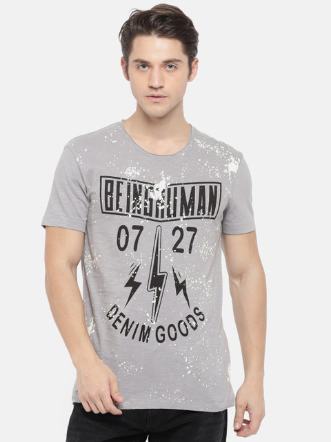 

Being Human Clothing Men Grey Printed Round Neck Pure Cotton T-shirt