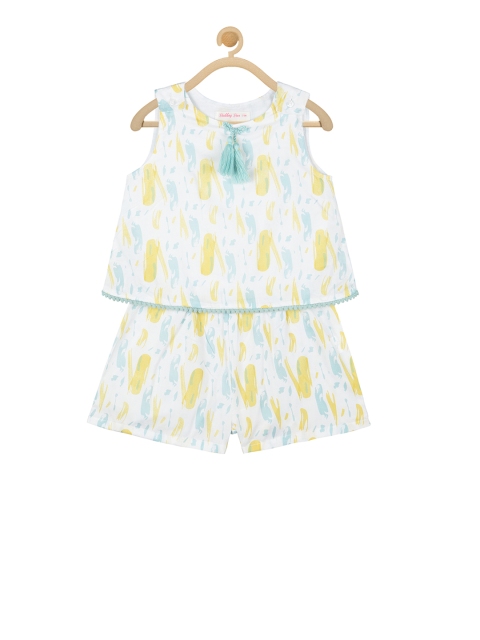

Budding Bees Girls Off-White & Blue Printed Basic Jumpsuit