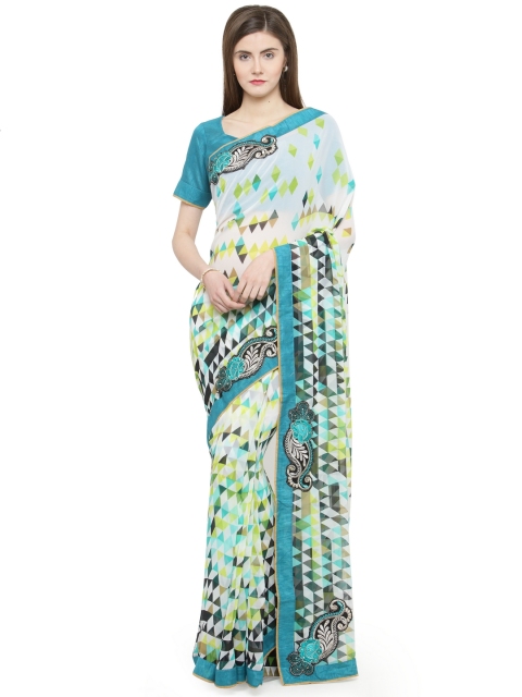 

Shaily White & Green Pure Georgette Printed Saree