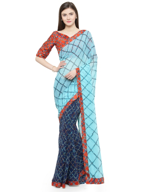

Shaily Turquoise Blue Printed Pure Georgette Saree