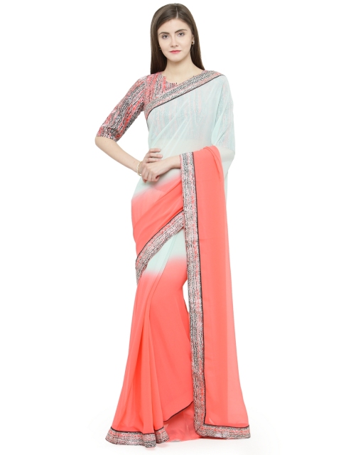 

Shaily Peach-Coloured & White Pure Georgette Printed Saree