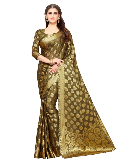 

MIMOSA Olive Green Poly Crepe Woven Design Kanjeevaram Saree
