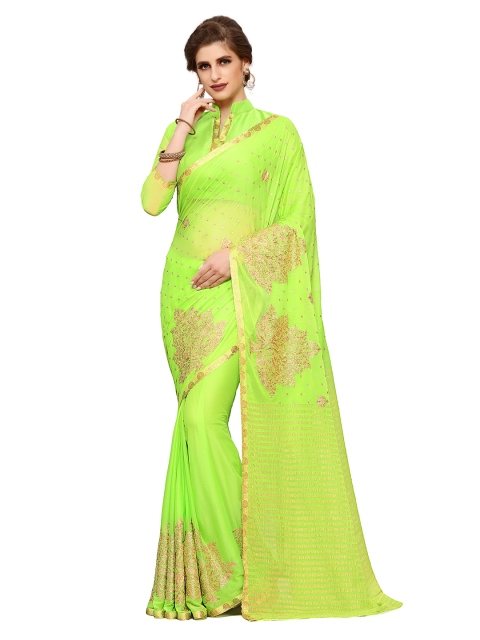 

MIMOSA Lime Green Embroidered Poly Chiffon Saree