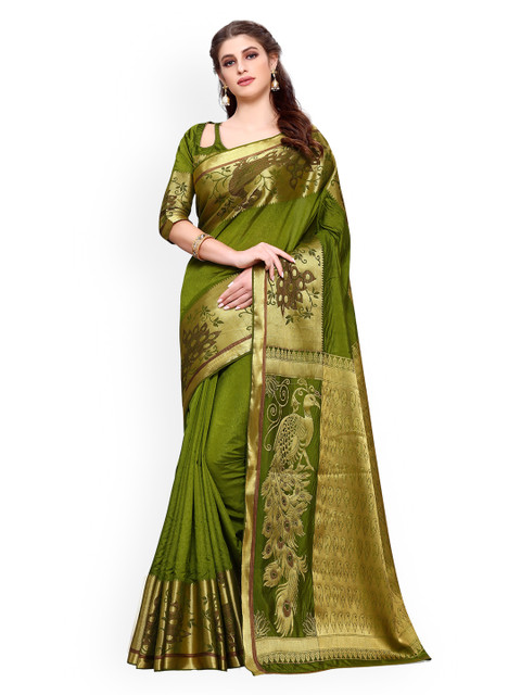 

MIMOSA Olive Green Art Silk Woven Design Kanjeevaram Saree