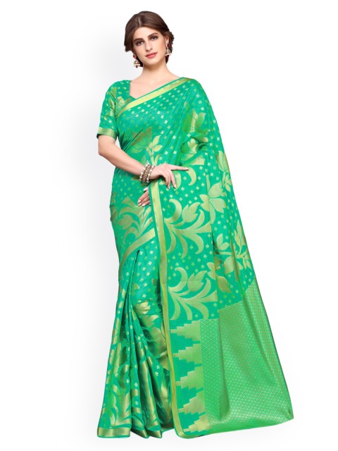 

MIMOSA Green Art Silk Embellished Kanjeevaram Saree, Sea green