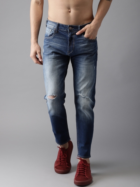 

HERE&NOW Men Blue Tapered Fit Mid-Rise Mildly Distressed Stretchable Cropped Jeans