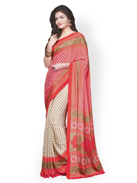 

Treveni Orange & Cream-Coloured Crepe Printed Saree