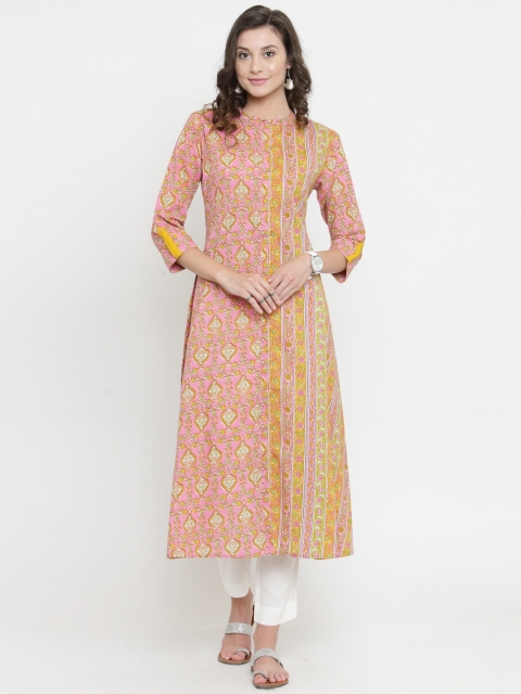 

Varanga Women Pink & Mustard Printed A-Line Kurta