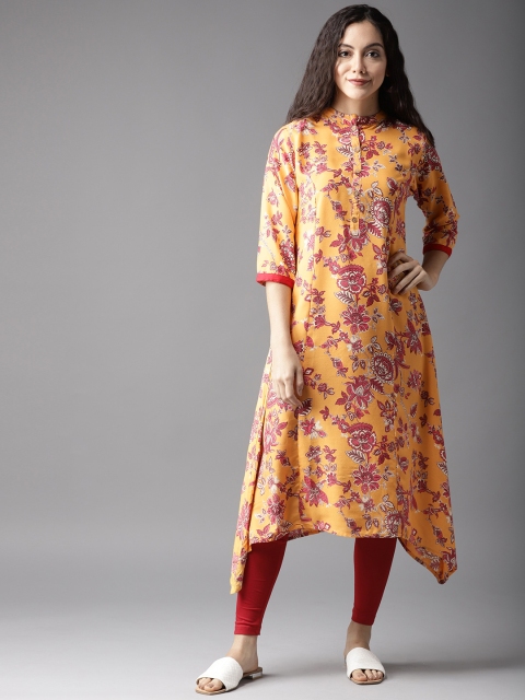 

Moda Rapido Women Mustard Yellow & Red Printed Asymmetrical Hem A-Line Kurta